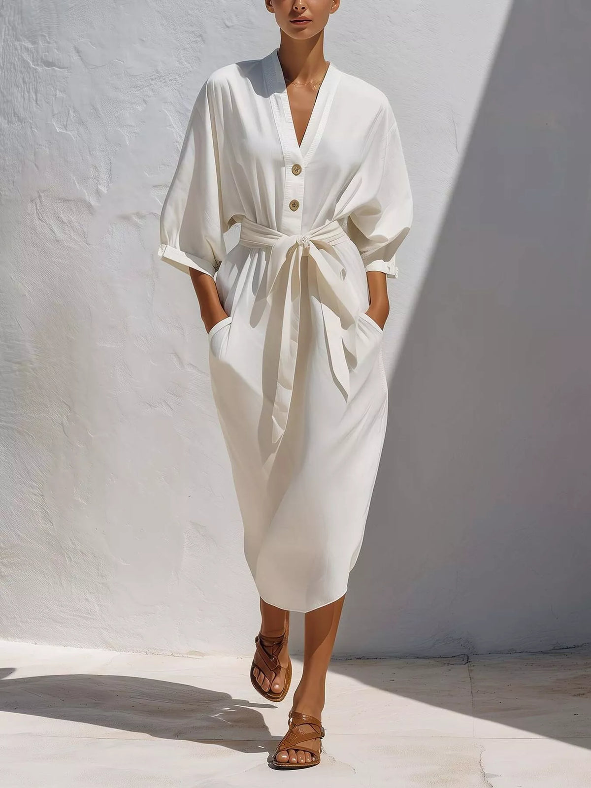 White button-front V-neck midi dress with elbow-length sleeves and self-tie waist worn by model