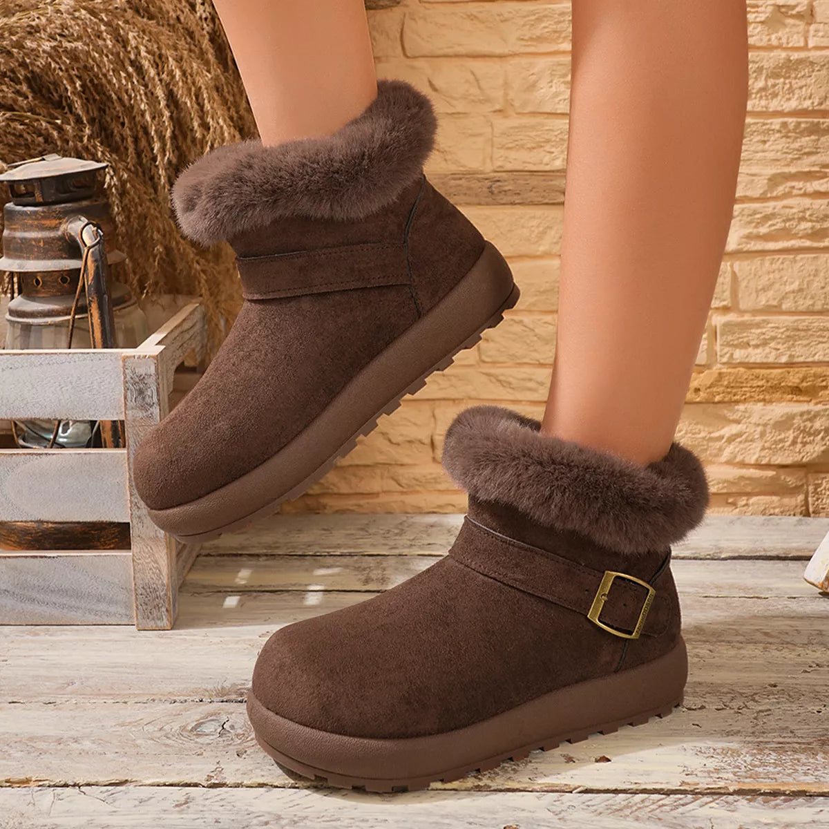 Tan winter boots with thick soles shown on feet