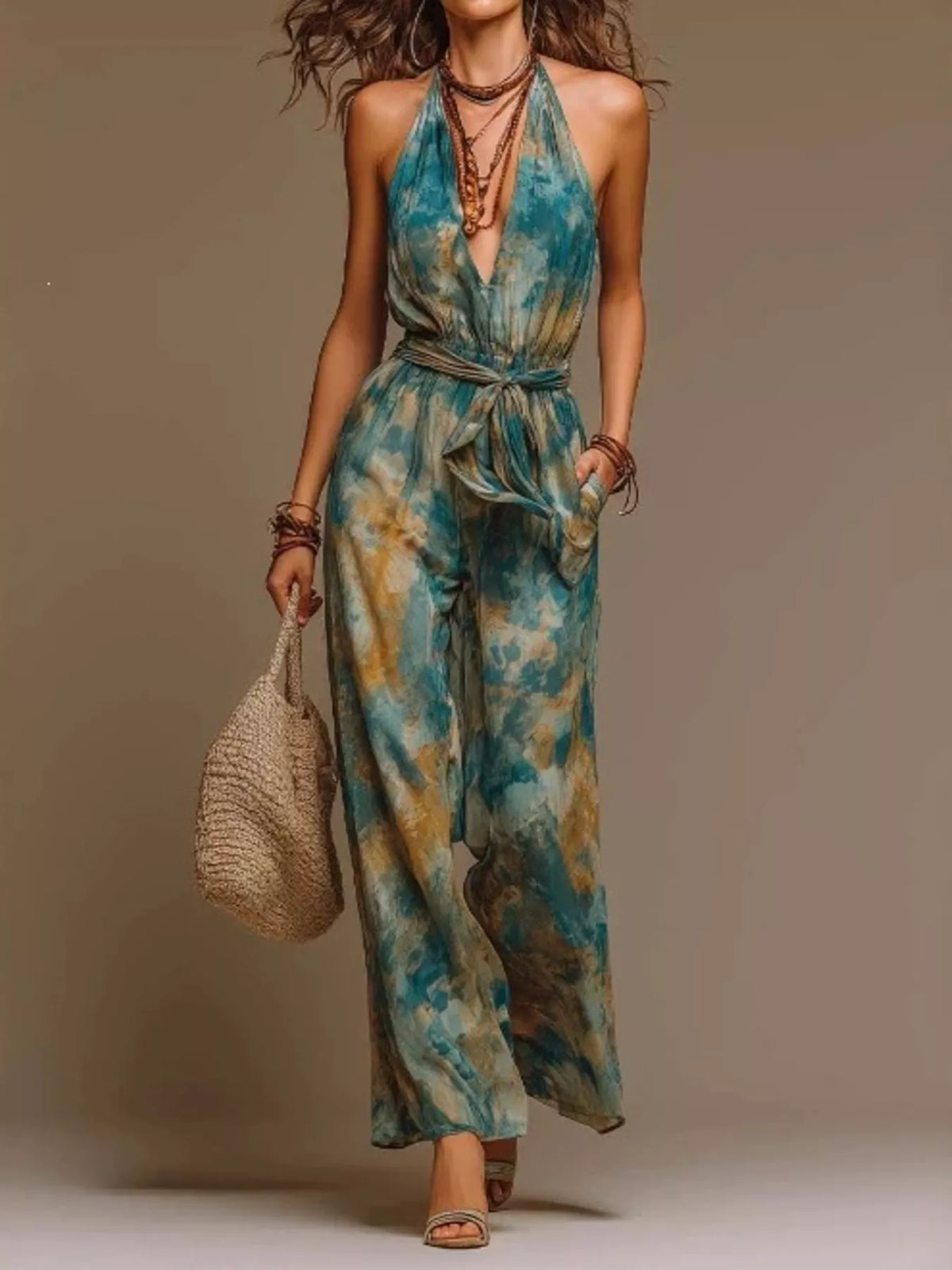 Model wearing full-length tie-dye halter jumpsuit with wide legs and side pockets