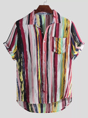 Back view of a short-sleeve shirt with burgundy, pink and green vertical stripes