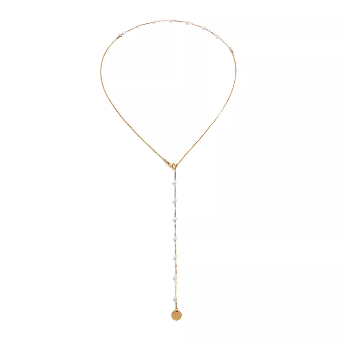 Gold-tone pearl-accented Y necklace with round coin pendant shown against white