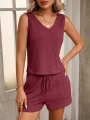 Front view of the burgundy ribbed tank and shorts set.