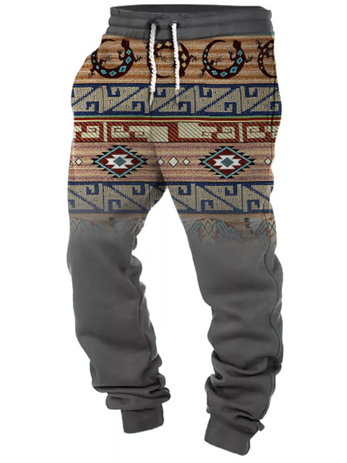 Charcoal geometric-print drawstring joggers, front view