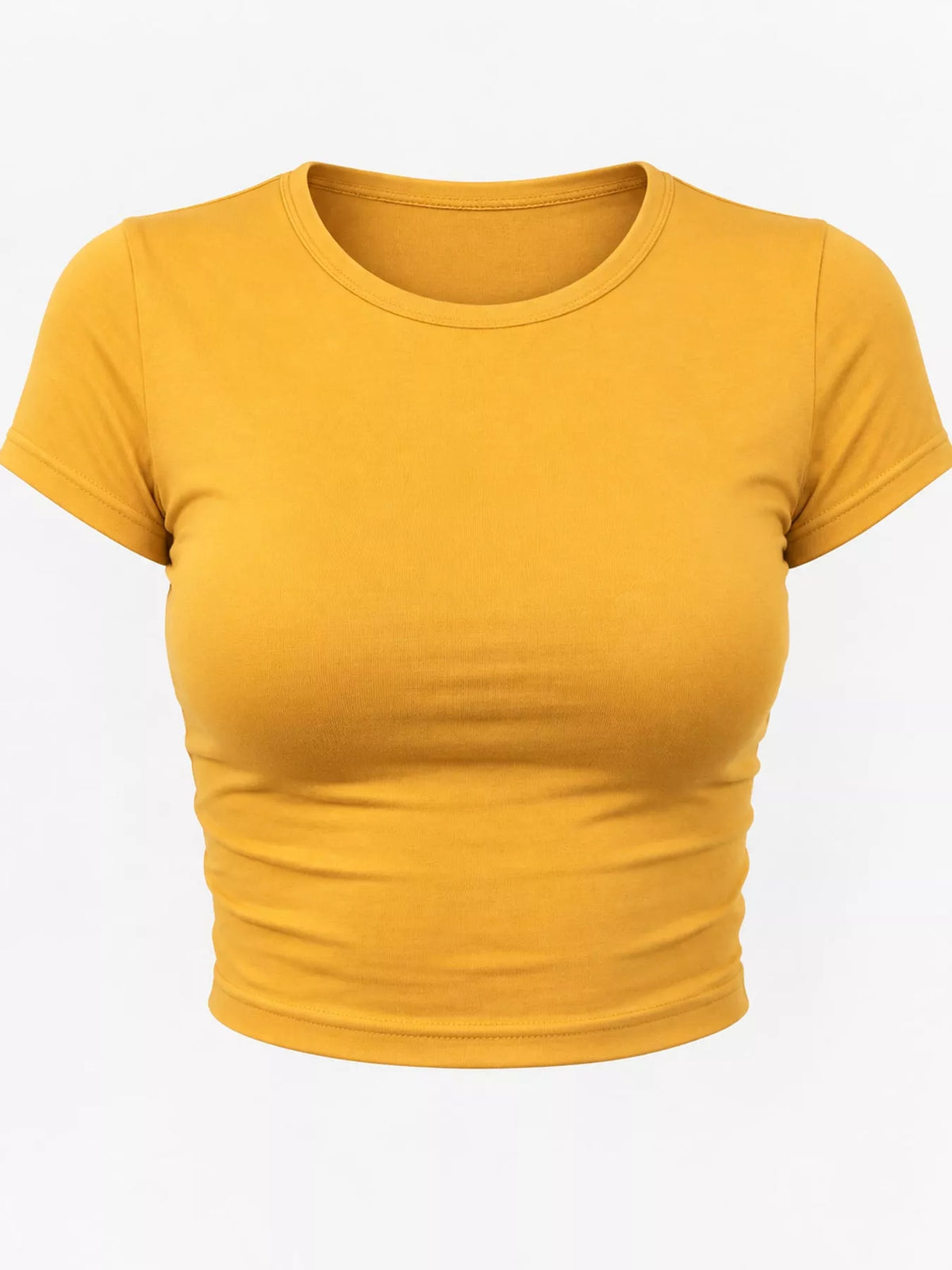 Golden yellow crew-neck crop T-shirt, front view.