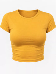 Golden yellow crew-neck crop T-shirt, front view.
