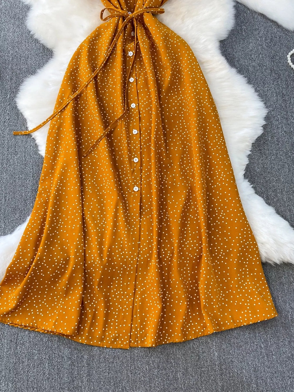 Red polka-dot button-down dress, full view