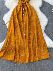Red polka-dot button-down dress, full view