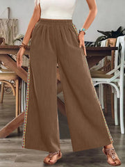 Brown pants showing elastic waist and wide legs