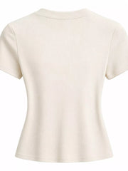 Cream crew neck T-shirt shown from the side.