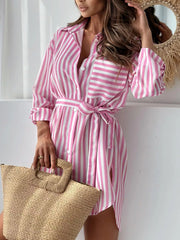 Back view of pink striped shirt dress with a waist tie.