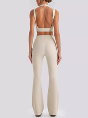 Back view of seamless criss-cross v-neck tank and leggings active set