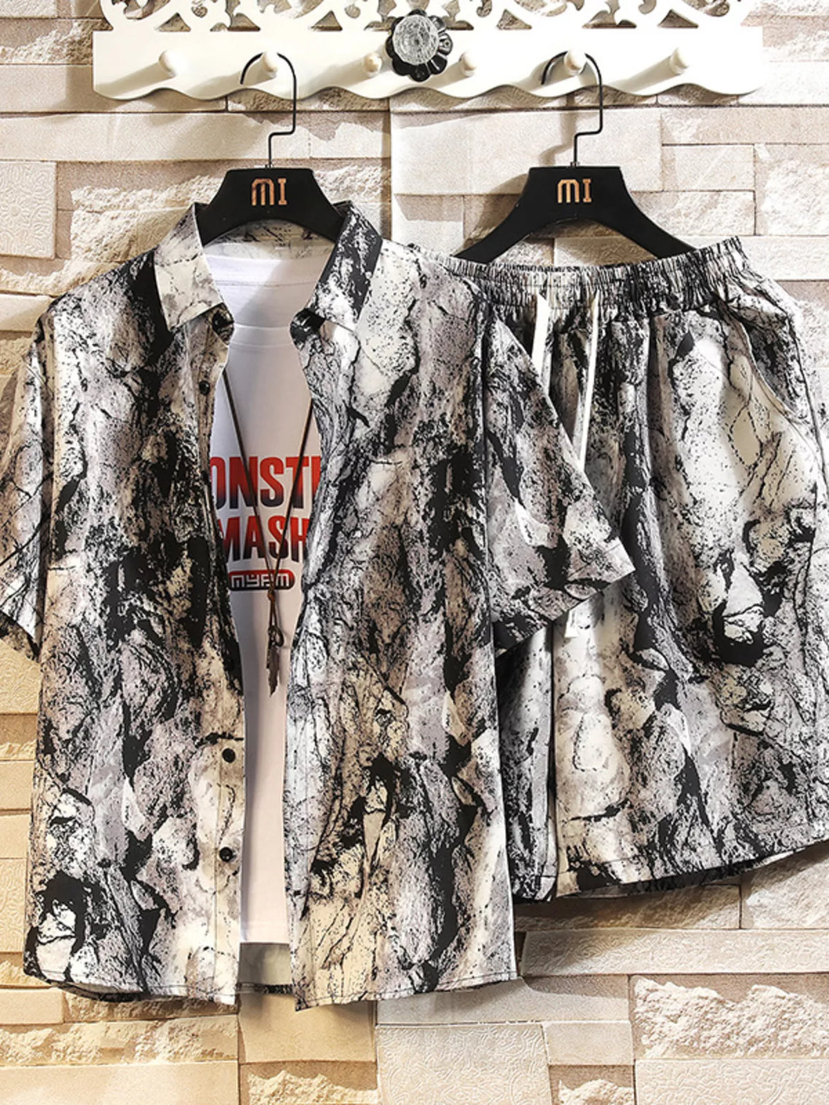 Gray, cream and black abstract print button-up shirt and shorts set