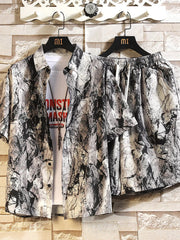 Gray, cream and black abstract print button-up shirt and shorts set