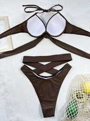 Inside of brown bikini top showing white cup lining
