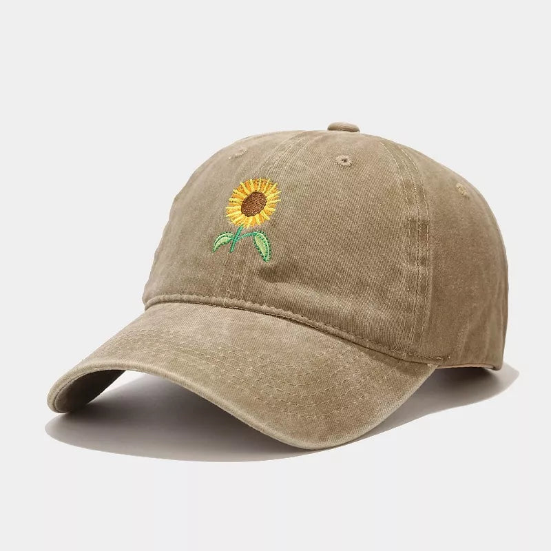 Khaki baseball cap with embroidered sunflower