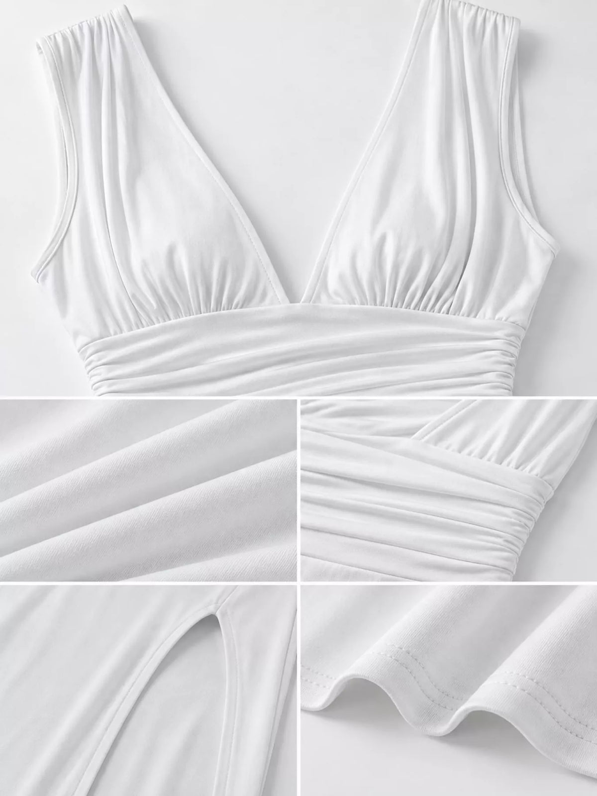 Close detail of white gathered neckline and ruched bodice