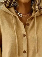 Tan hooded button-front knit cardigan with brown buttons, front view