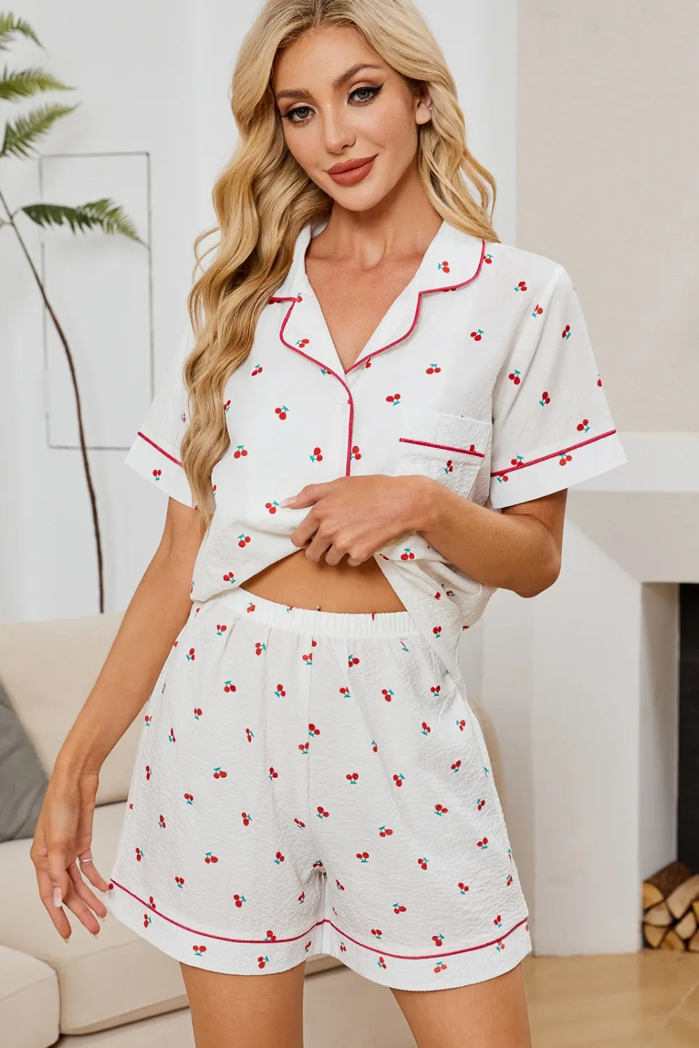 Cherry-Print Collared Top & Shorts Lounge Set: Model wearing white cherry-print collared shirt and matching shorts.