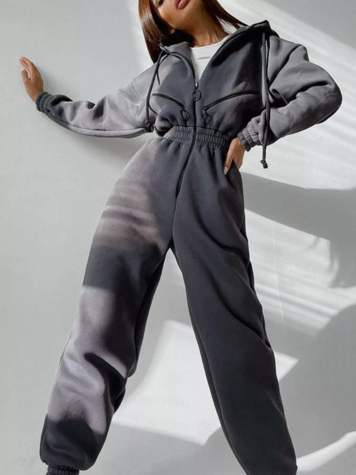 Women's hooded zip-up long-sleeve jumpsuit, charcoal front detail