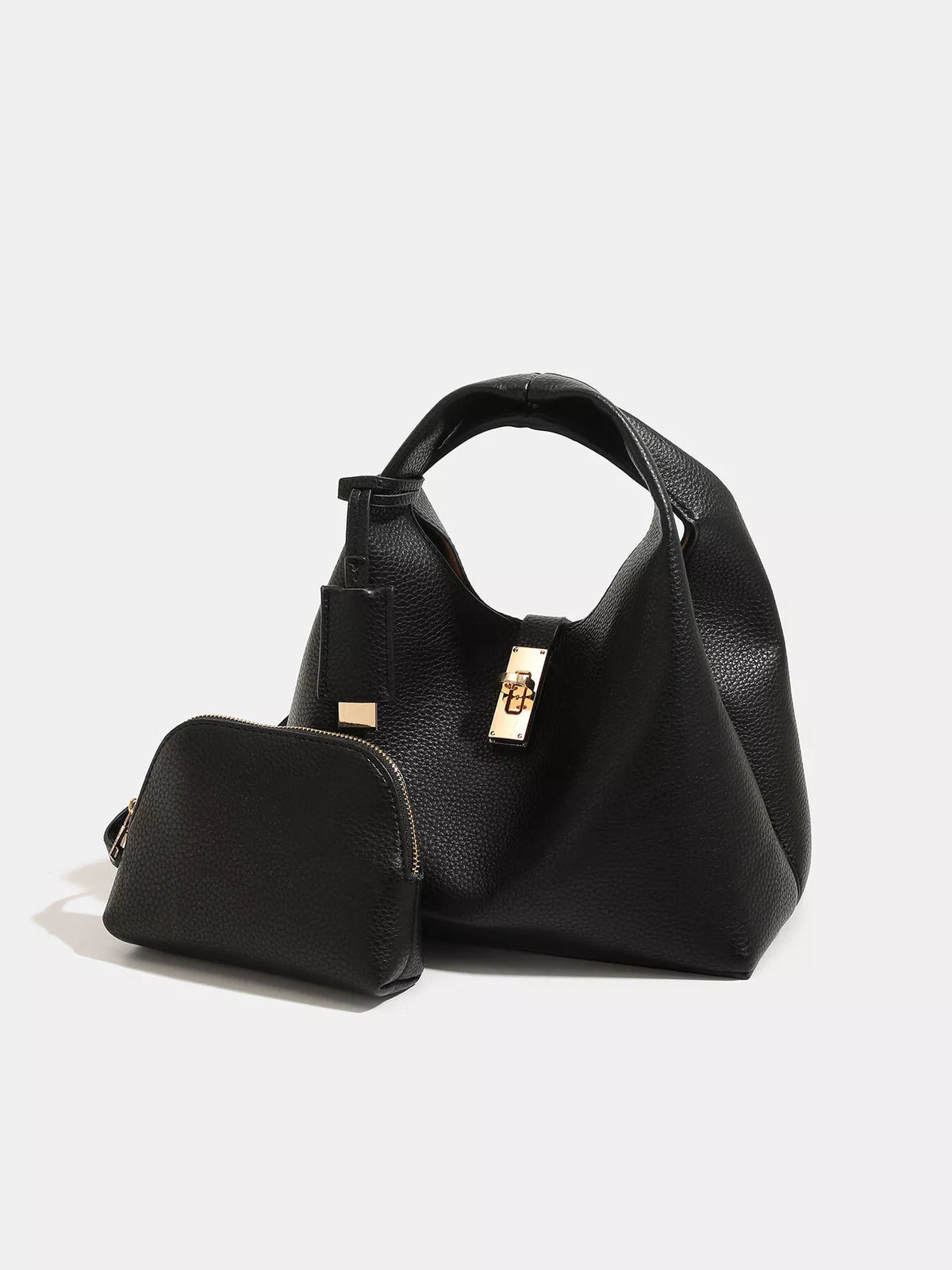 Black pebbled turn-lock handbag with a small matching zip pouch