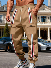 Front view of tan joggers with large flap cargo pockets