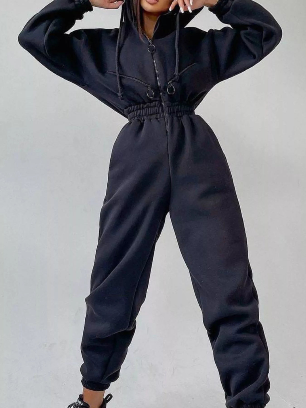 Women's hooded zip-up long-sleeve jumpsuit, navy back view