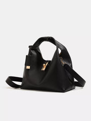 Black turn-lock handbag with long adjustable shoulder strap attached