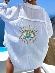 Evil eye embroidered oversized shirt in white back view with evil-eye embroidery