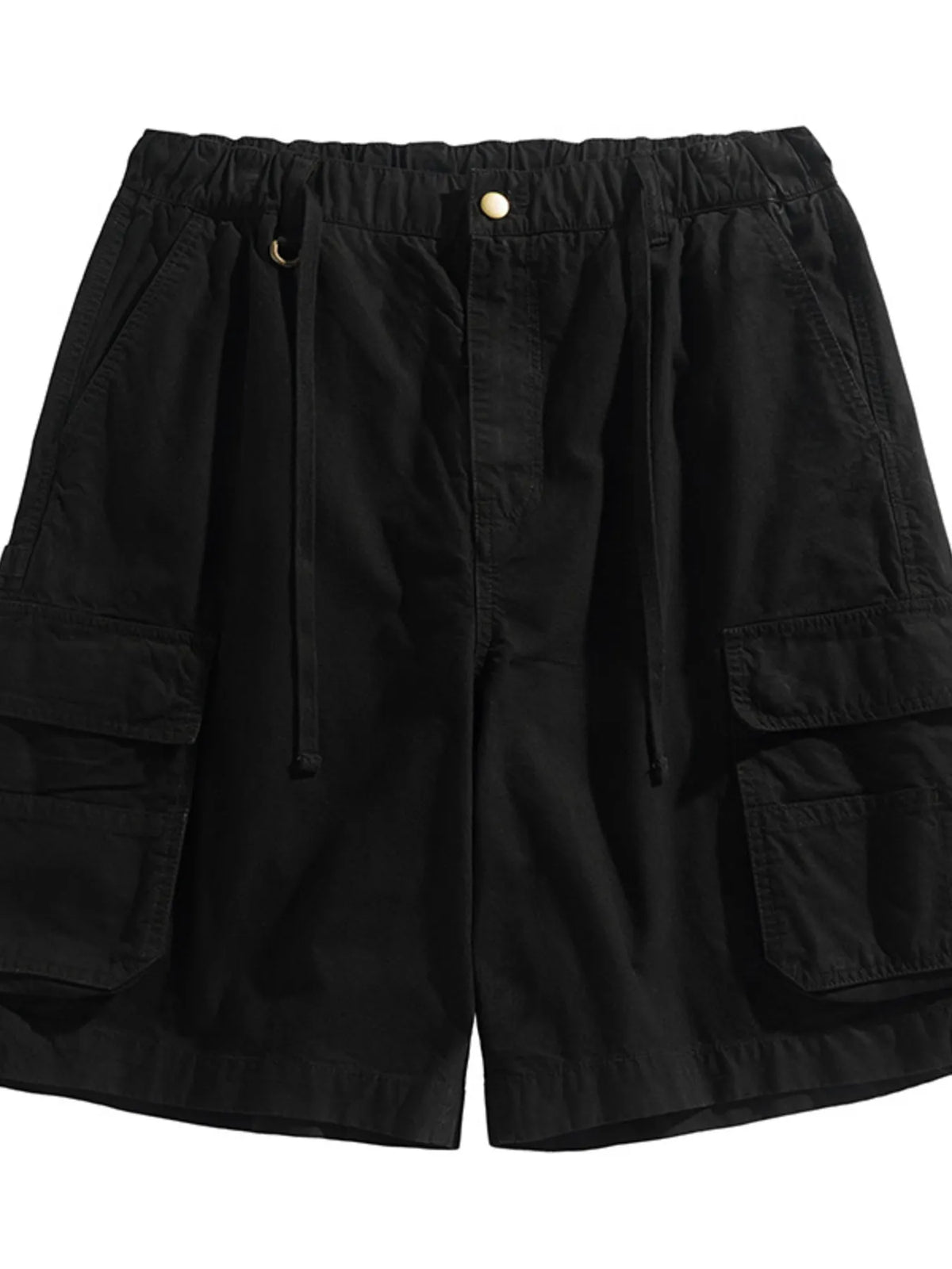 Black cargo shorts with drawstring waist and flap pockets