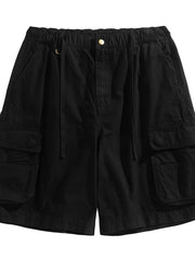 Black cargo shorts with drawstring waist and flap pockets