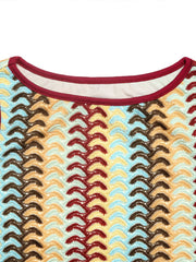 Close-up of multicolor chevron knit pattern along the dress neckline