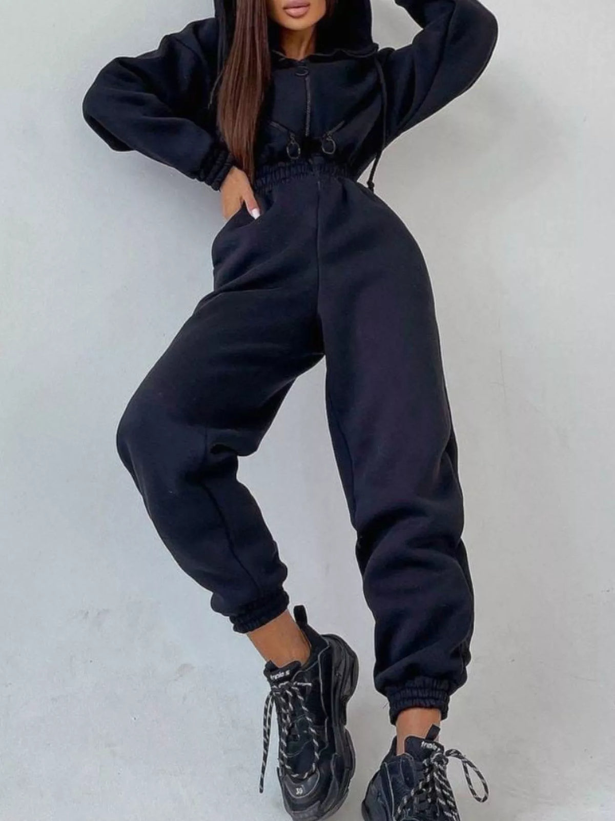 Women's hooded zip-up long-sleeve jumpsuit, navy front view