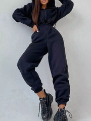 Women's hooded zip-up long-sleeve jumpsuit, navy front view