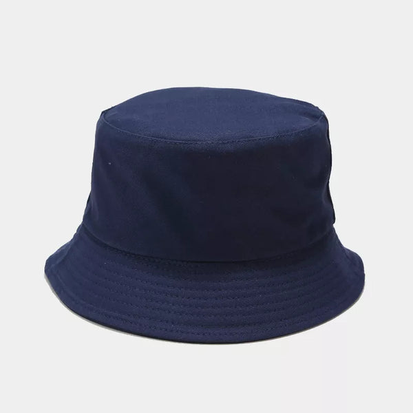 Navy blue solid-color bucket hat shown from the front with stitched brim