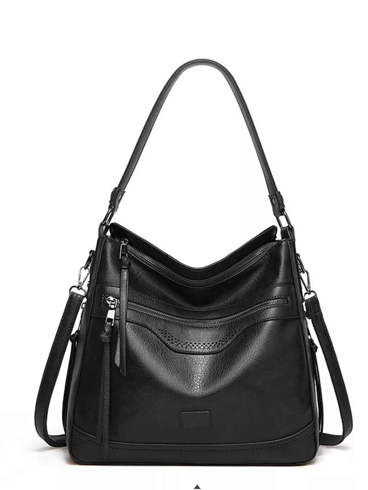 Black multi-pocket handbag shown from the front with two shoulder straps and zip pockets