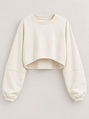 Cream cropped sweatshirt displayed flat with oversized sleeves