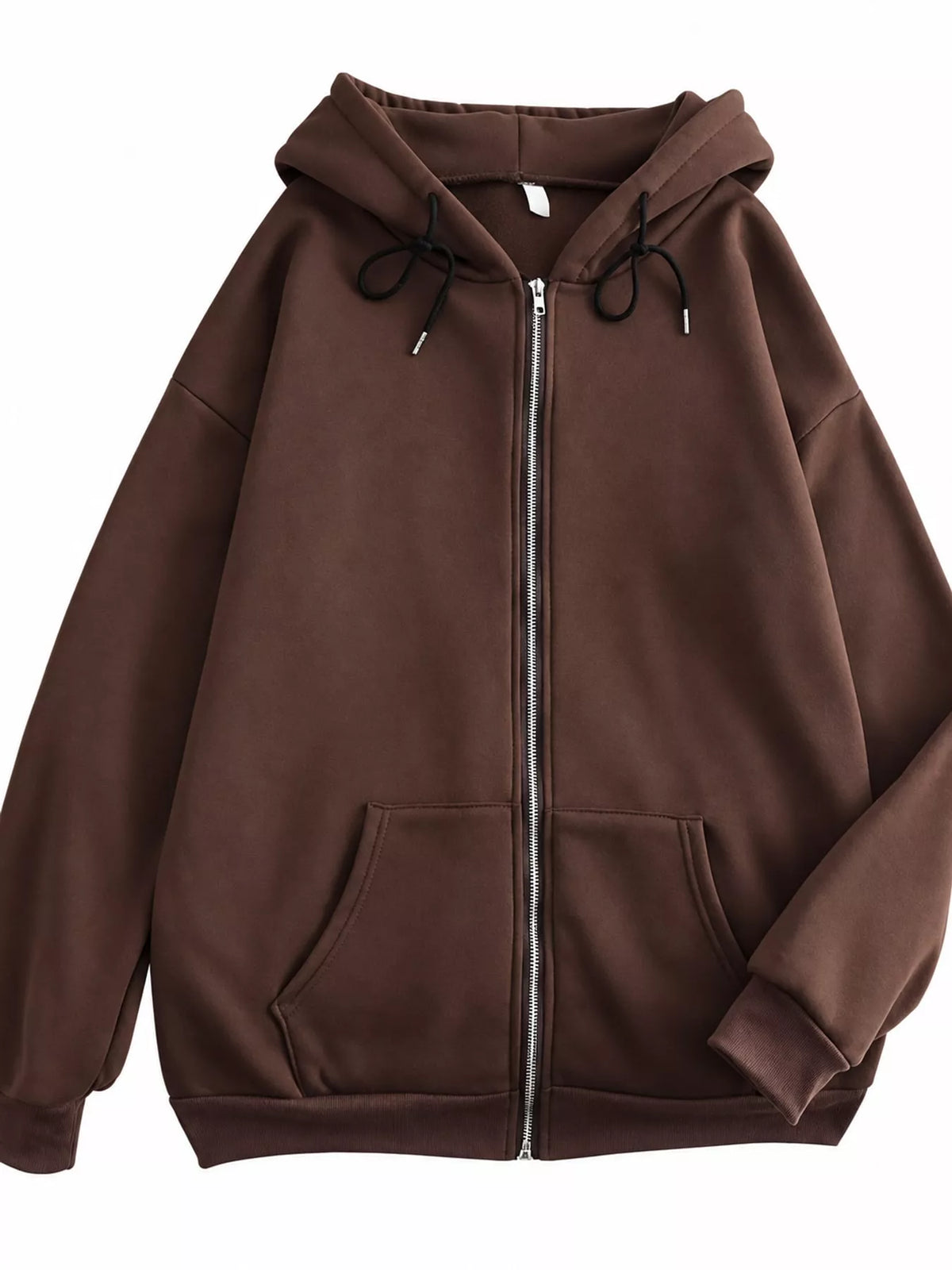 Front view of the brown oversized zip-up hoodie with drawstrings and kangaroo pockets