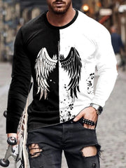 Model wearing split black and white long-sleeve shirt with wing graphic