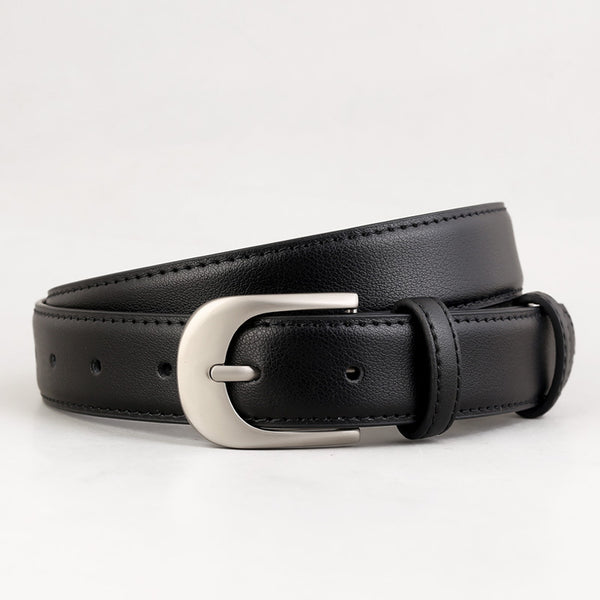 Black stitched belt with rounded silver-coloured pin buckle and two keepers, rolled close-up