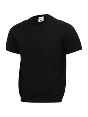Black knit T-shirt shown at an angle with a simple crew neckline
