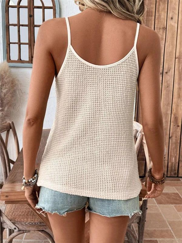 Back view of apricot waffle-knit camisole with slim shoulder straps