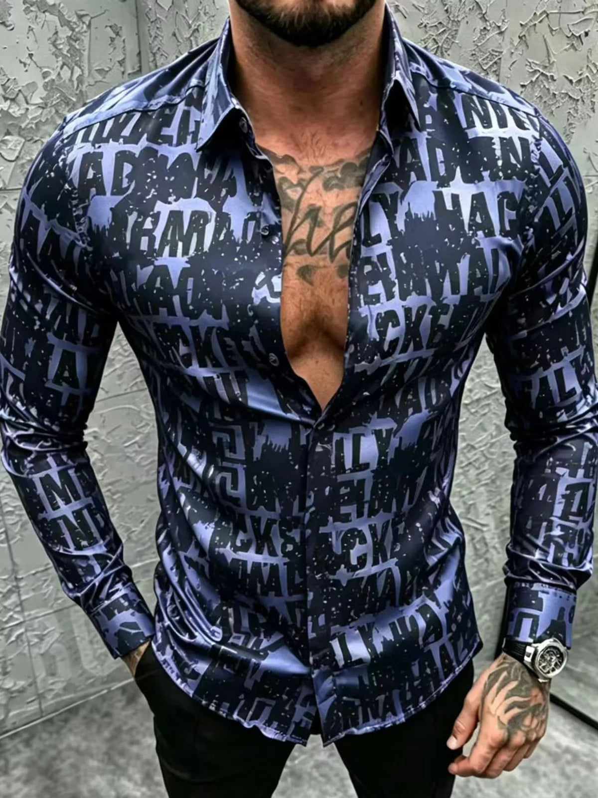 Model wearing navy letter-print slim-fit shirt, front view