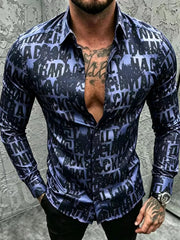 Model wearing navy letter-print slim-fit shirt, front view