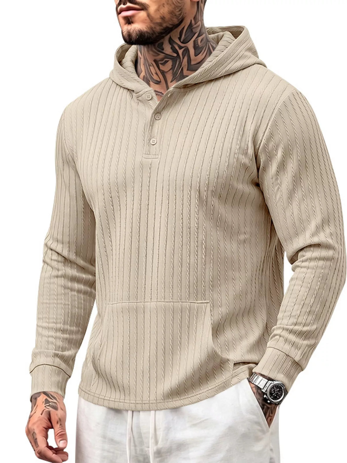 Model wearing beige textured hoodie with kangaroo pocket