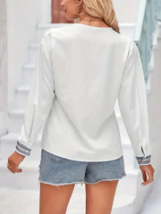 Contrast V-neck long-sleeve blouse in white back view