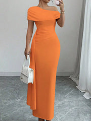 Orange one-shoulder ruched maxi dress, front view
