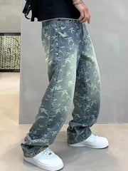 Side view of loose blue jeans showing the flying-bird pattern