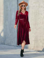 Front view of wine midi dress with gathered waist and long sleeves