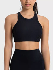 Black wide-strap cropped sport tank, front view