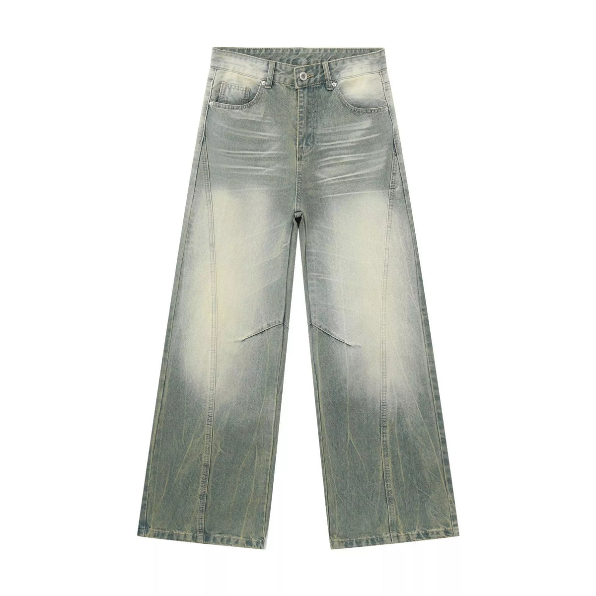 Light-wash wide-leg jeans laid flat with faded thigh details